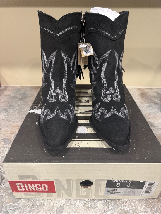 dingo Shoes - dingo Black Suede Western Heeled Boots with White Stitching